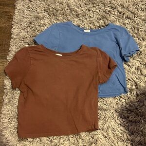 2pc Full Tilt Cropped T-Shirts Brown + Blue Size L